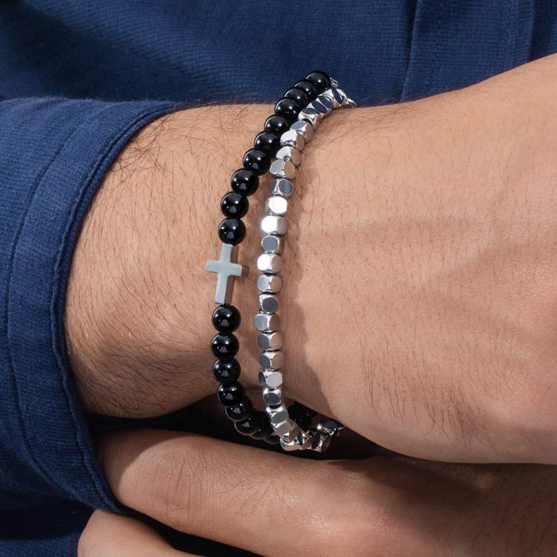 Helloice  Double Chain Black Obsidian Adjustable Cross Bracelet