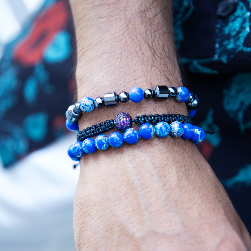 Helloice  3pcs Natural Lapis Stone & Hematite Beads Braided Bracelet