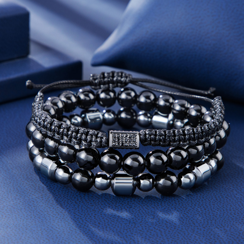 Helloice 3pcs Black Obsidian & Hematite Beads Braided Bracelet Set