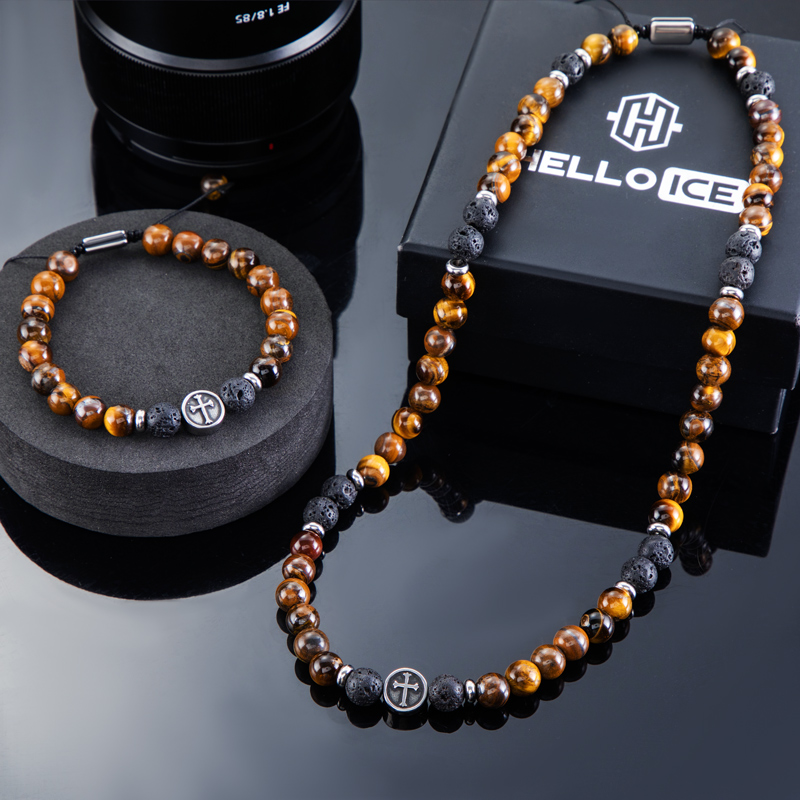 Helloice  Tiger Eye Stone Adjustable Bracelet & Necklace Set 8mm