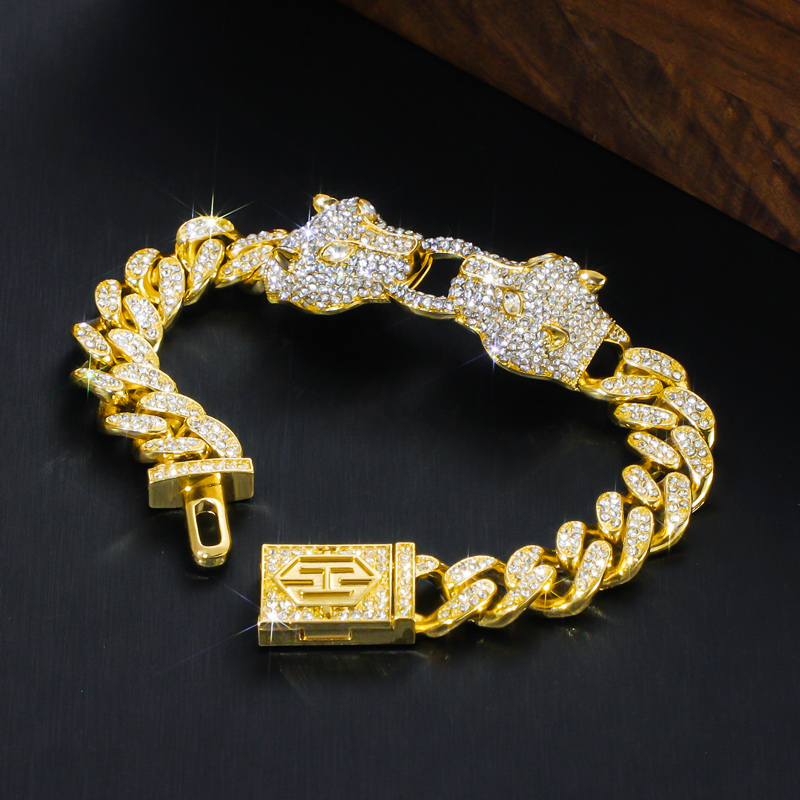 Helloice Iced Double Panther Cuban Bracelet in 18K Gold