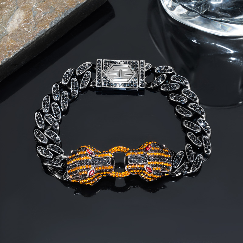 Helloice Iced Double Orange Panther Cuban Bracelet in 18K Black Gold