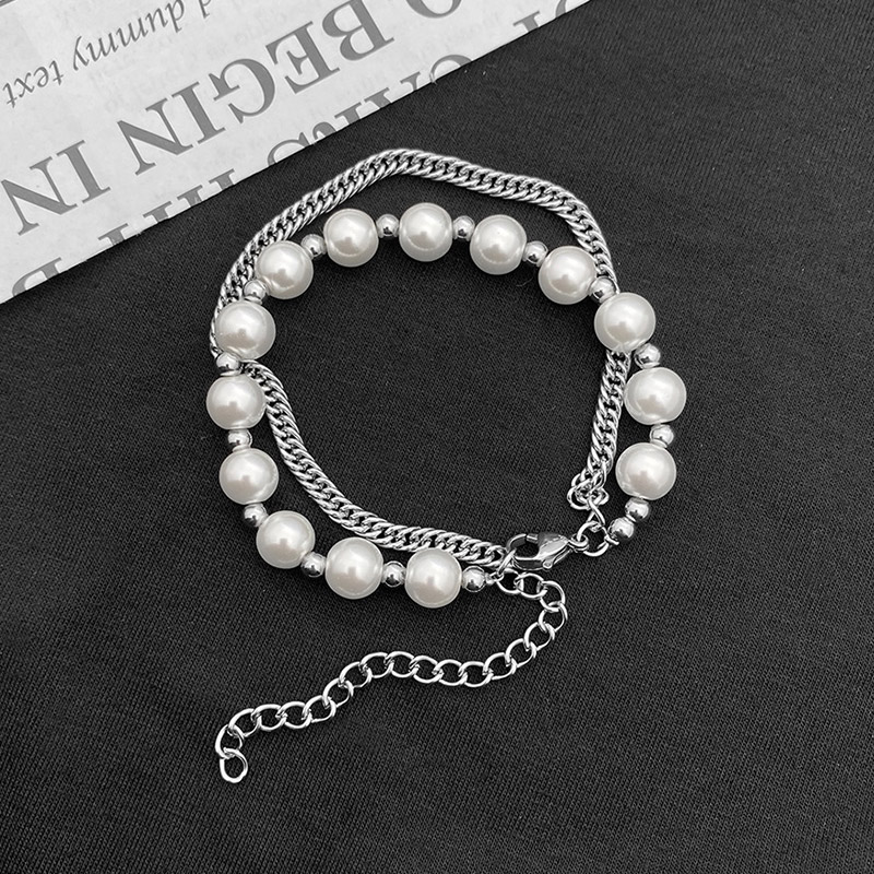 Helloice Pearl Stainless Steel Cuban Chain Layer Bracelet