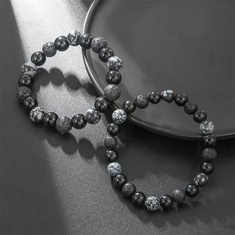 Helloice 2Pcs Natural Stones Volcanic Rock & Alabaster Beaded Stretch Bracelet Set