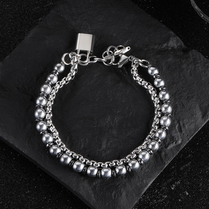 Helloice Steel Beads & Round Box Layered Bracelet with Lock