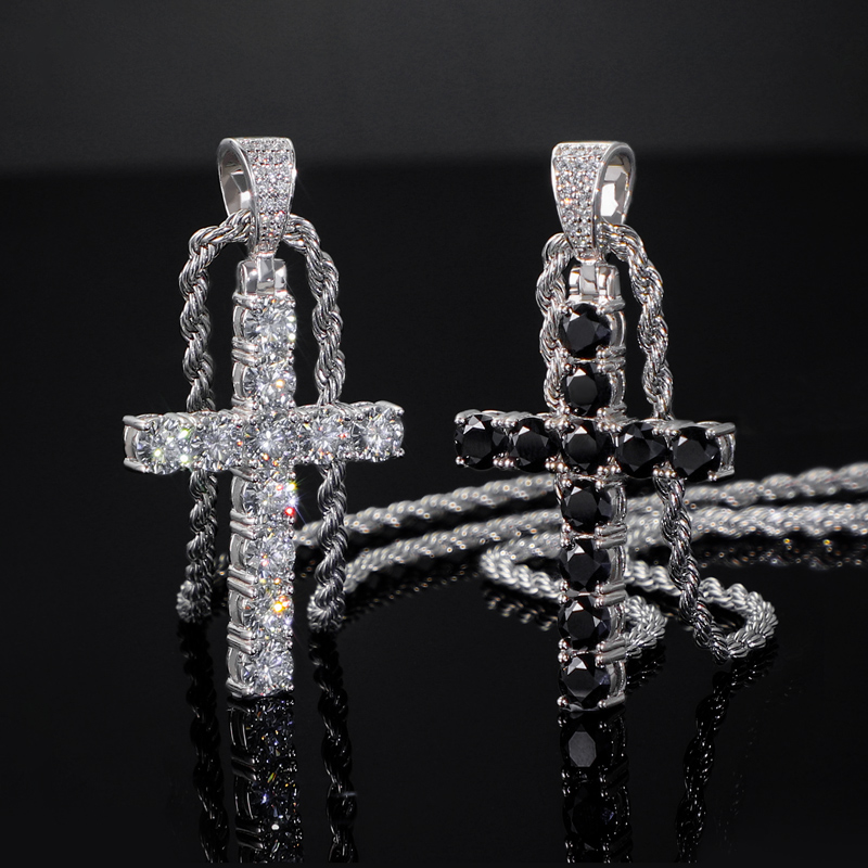 Helloice  S925 Sterling Silver Moissanite Cross Pendant-White/Black