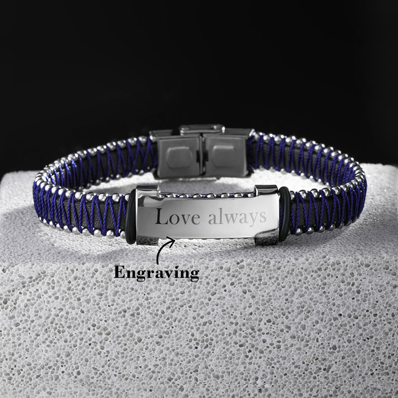 Helloice Handmade Genuine Braided Leather & Stainless Steel Engrave Bracelet
