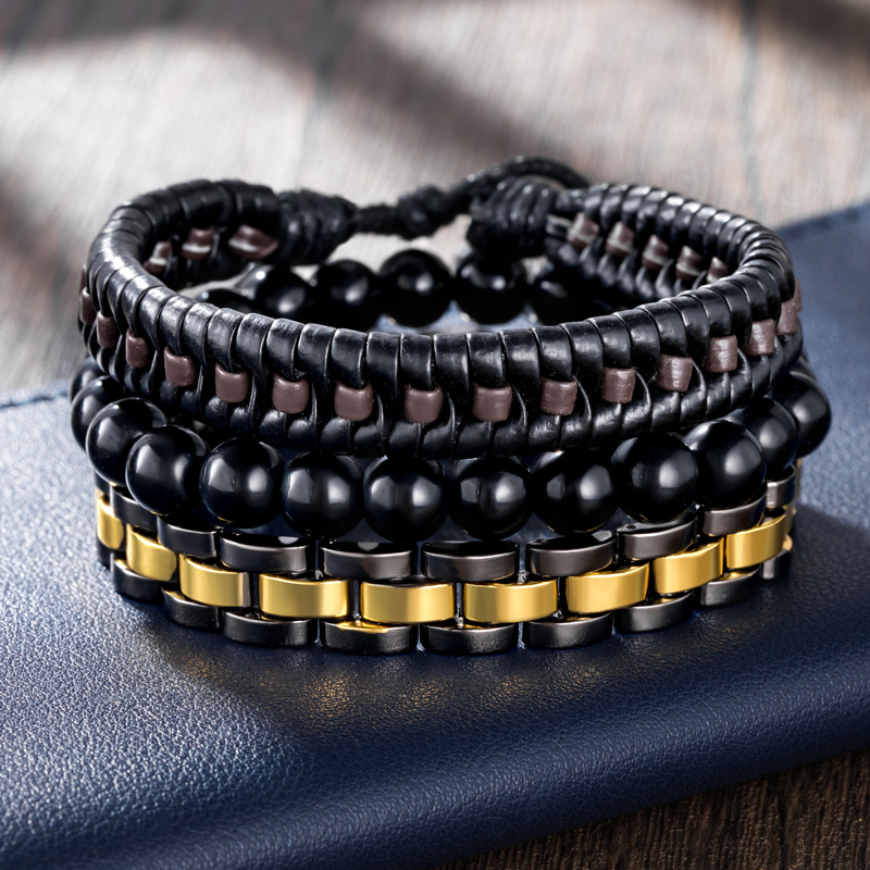 Helloice 3Pcs Mix Braid Leather & Two-Tone Stainless Steel Beads Bracelet