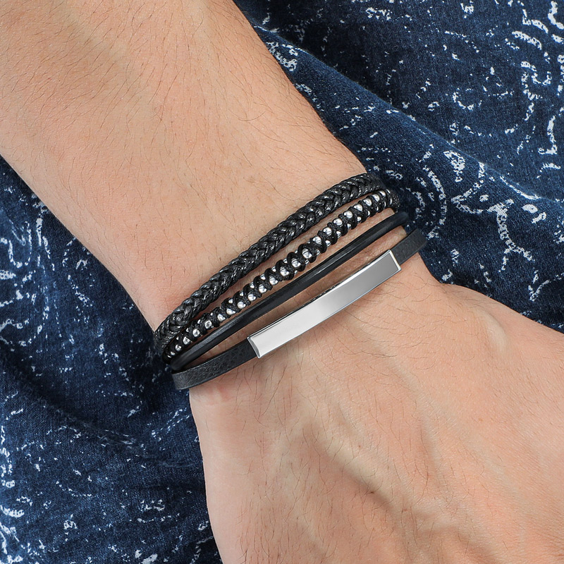 Helloice Men's Engraved Leather Stranded Bracelet