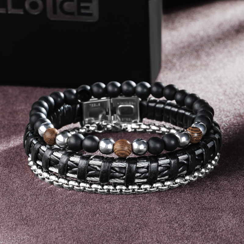 Helloice 3Pcs Handmade Braided Leather & Round Box Chain Beads Bracelet
