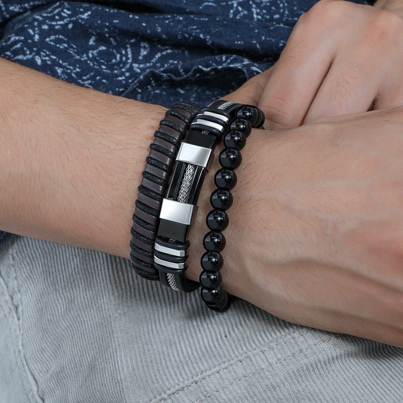 Helloice Triple Men's Braided Leather & Beads Layered Bracelet