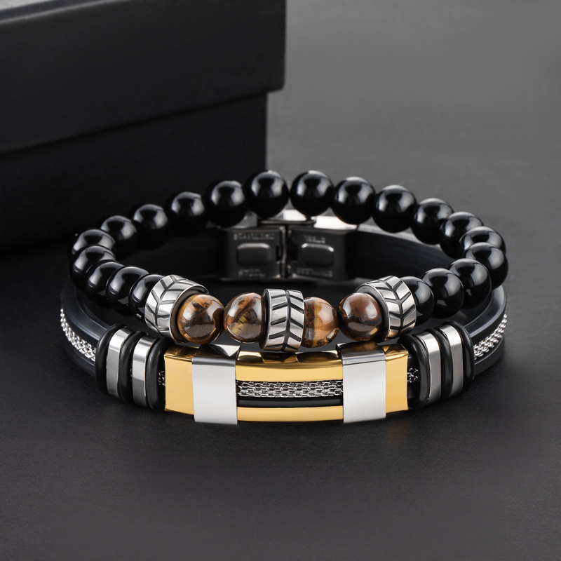 Helloice 2Pcs Leather Stainless Steel & Beads Bracelet