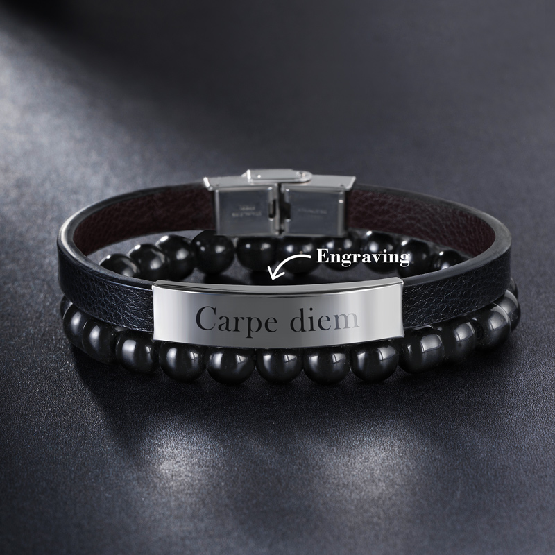 Helloice 2Pcs Personalized Engraved Leather & Bead Bracelet