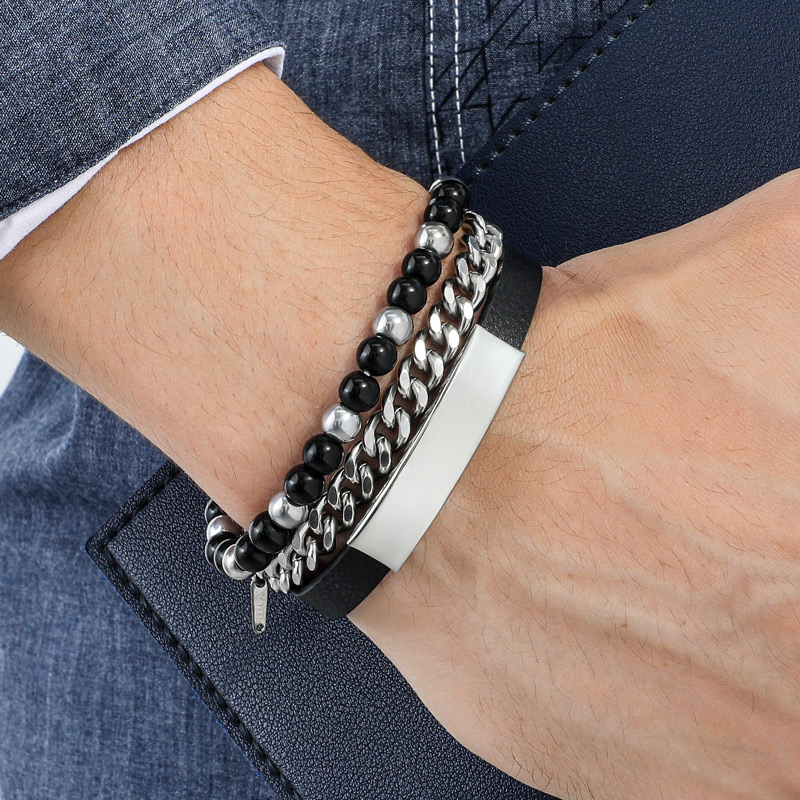 Helloice 3Pcs Engraved Leather and Bead Bracelets with Cuban Link