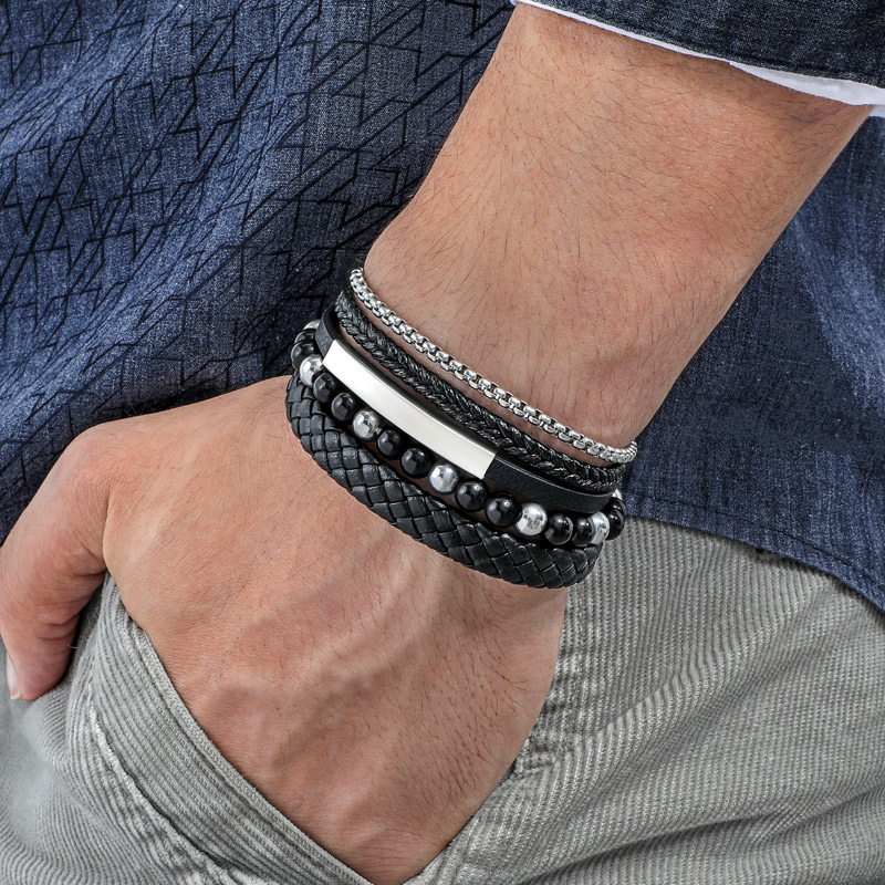 Helloice 3Pcs Engraved Leather & Bead Braided layered Bracelet