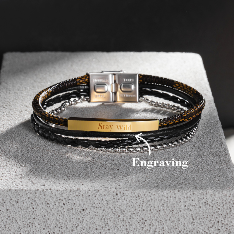 Helloice Layered Wrap Printed Leather Men's Engraved ID Bracelet