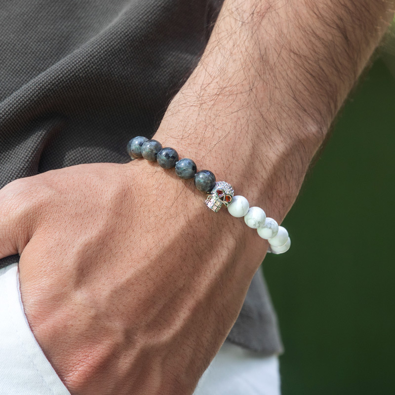 Helloice Iced Skull White Turquoise Map Stone Beaded Stretch Bracelet