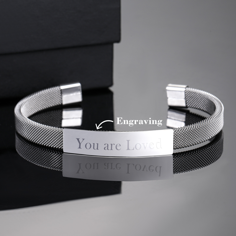 Helloice  8mm Minimalist Engraved Stainless Steel Cuff Bracelet