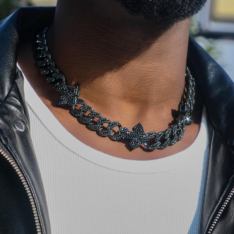 Helloice  16mm 20'' Heavy Fully Iced Cuban Link Cross Chain in Black Gold