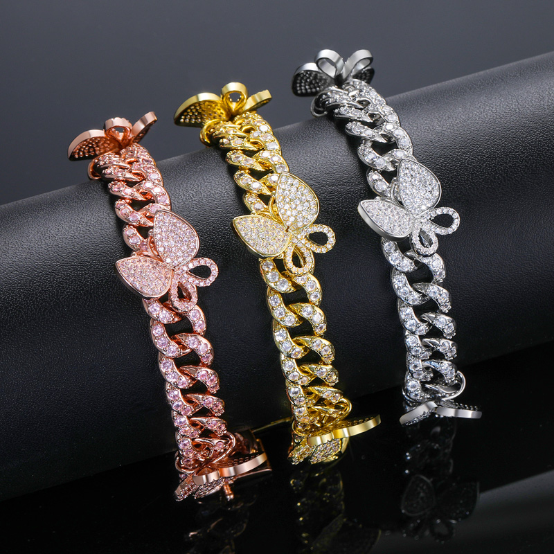 Helloice Iced Butterfly Cuban Chain Bracelet-White/Pink Stones