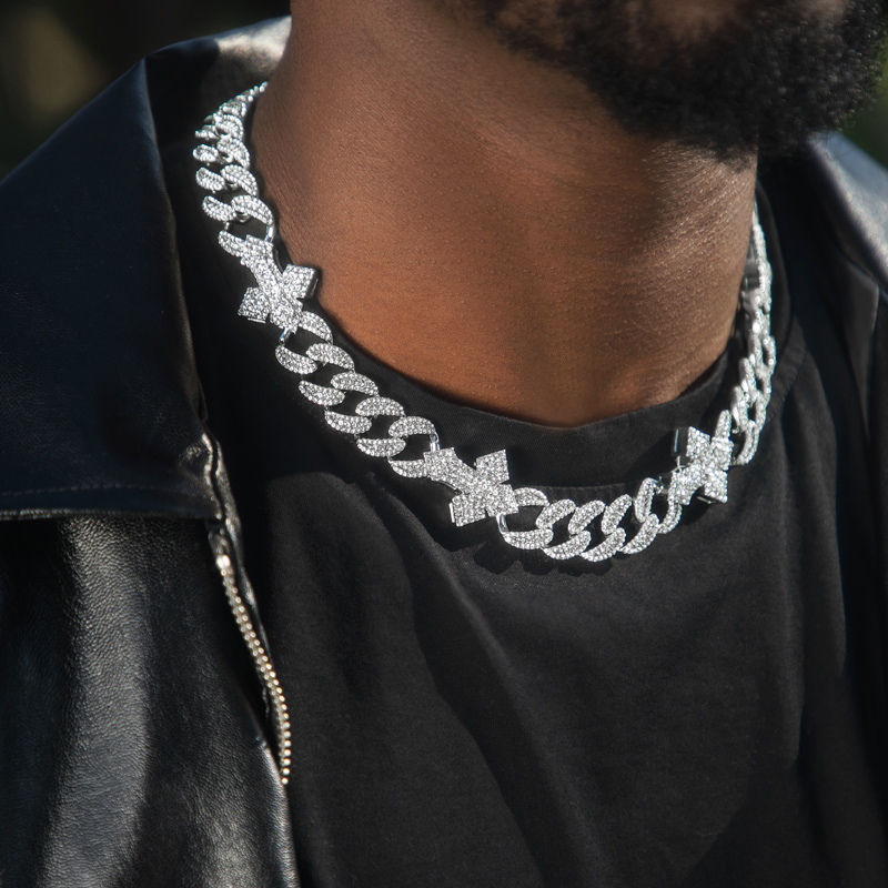 Helloice  16mm 20'' Heavy Fully Iced Cuban Link Cross Chain in White Gold