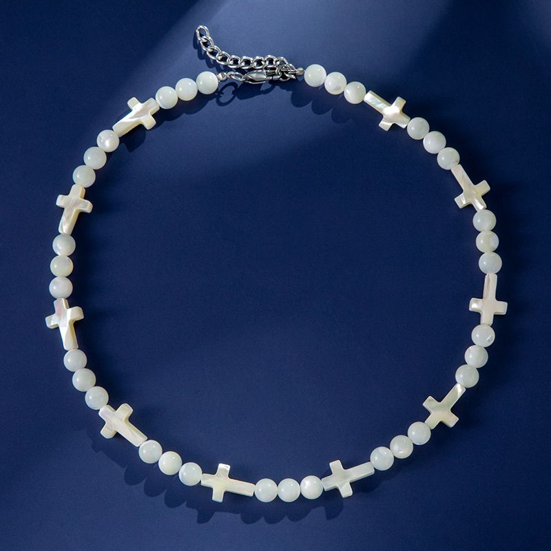 Helloice  Natural White Seashell Cross & Bead Chain