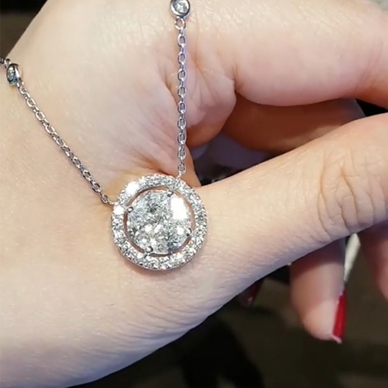 Helloice 18" Dazzling Round Cut Halo Circle Pendant Necklace in Sterling Silver