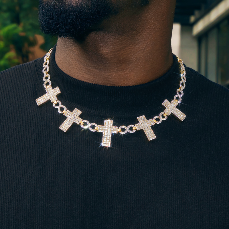 Helloice 10mm Iced Baguette Cross Infinity Link Chain in Gold