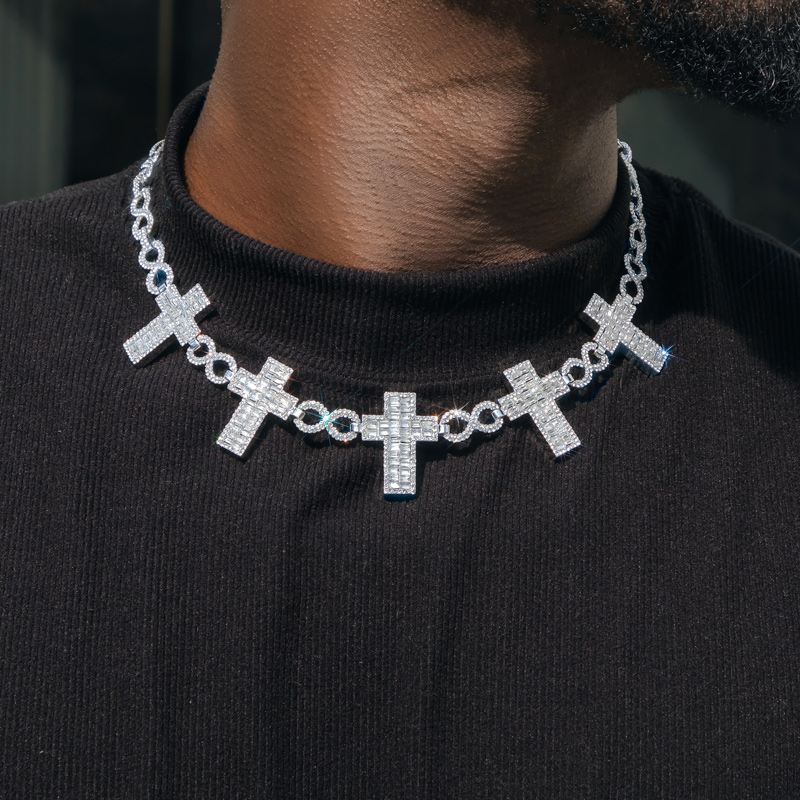 Helloice 10mm Iced Baguette Cross Infinity Link Chain in White Gold