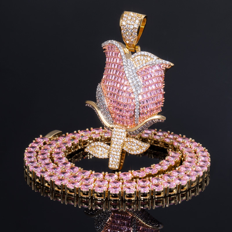 Helloice Iced Pink Baguette Cut Rose Tennis Chain Necklace