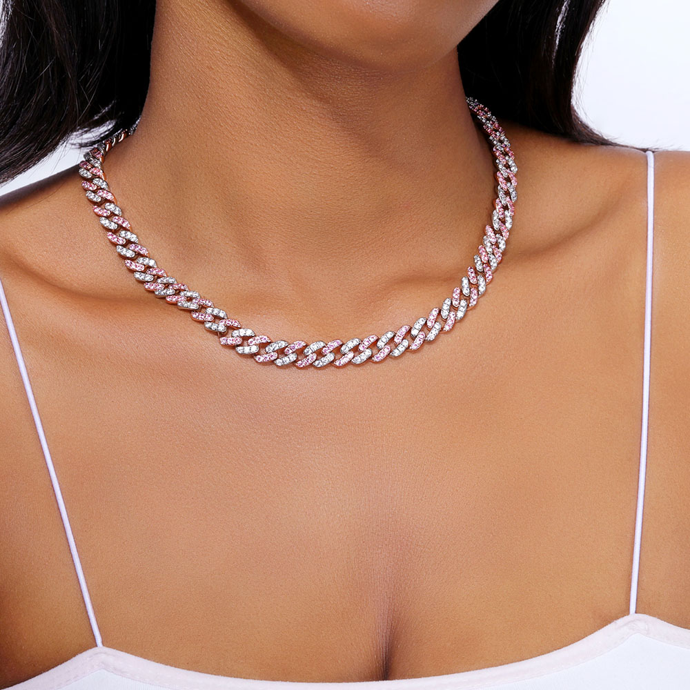 Helloice Women's 8mm Iced Pink&White Two-tone Cuban Link Chain