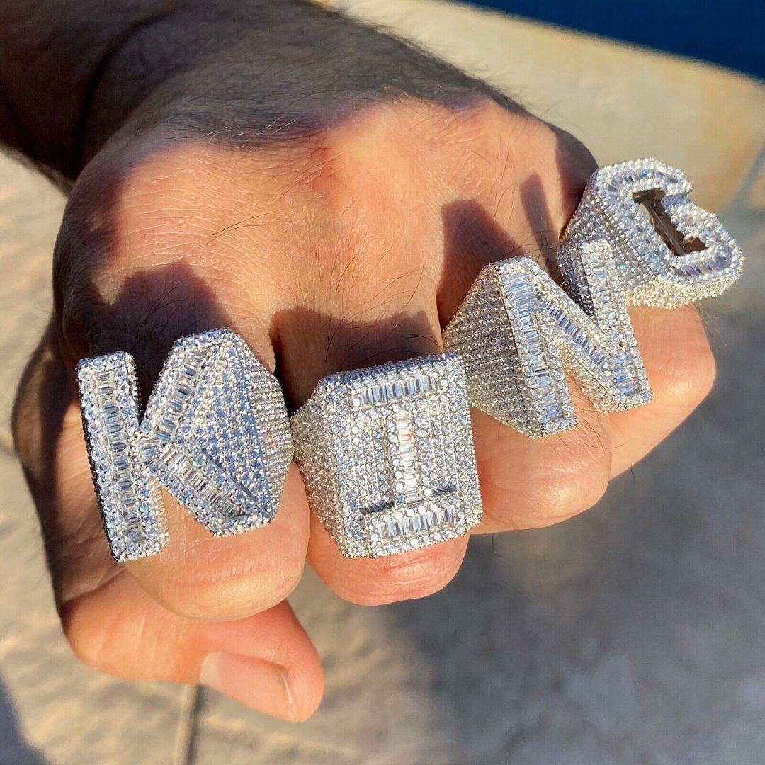 Helloice  Baguette Cut Alphabet Letters Ring in White Gold