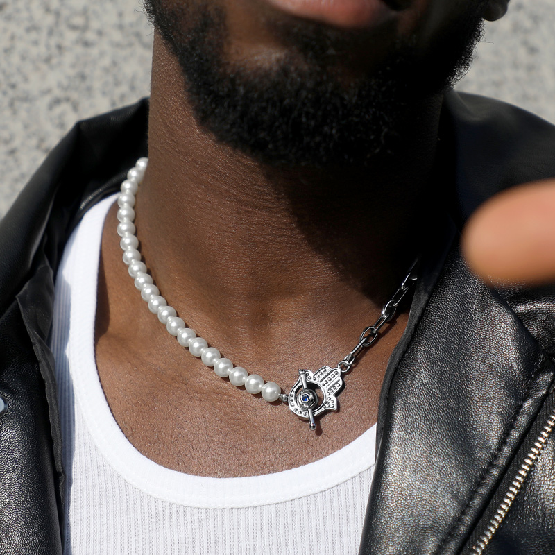 Helloice Half Pearl Half Chain with Hamsa Evil Eyes OT Clasp