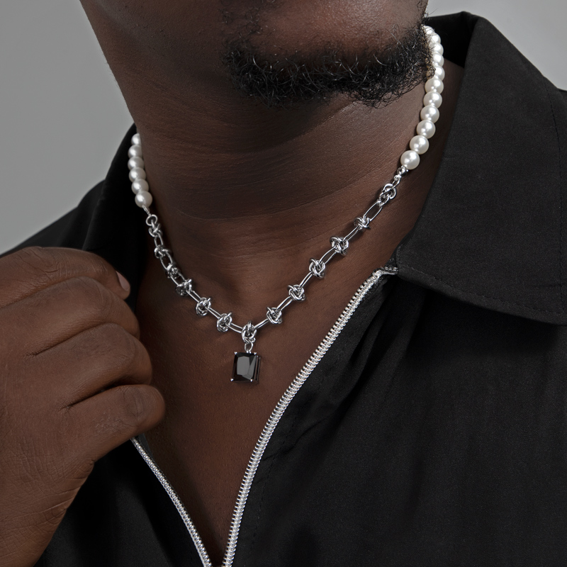 Helloice Pearl & Black Emerald Cut Stainless Steel Knot Chain