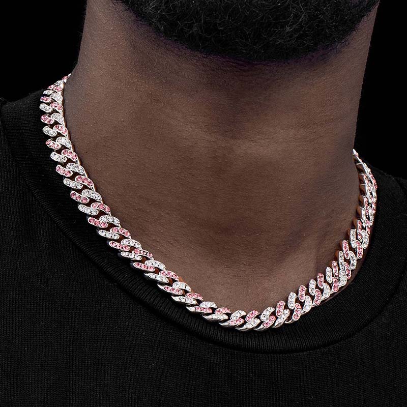 Helloice 11mm White&Pink Stones Cuban Link Chain
