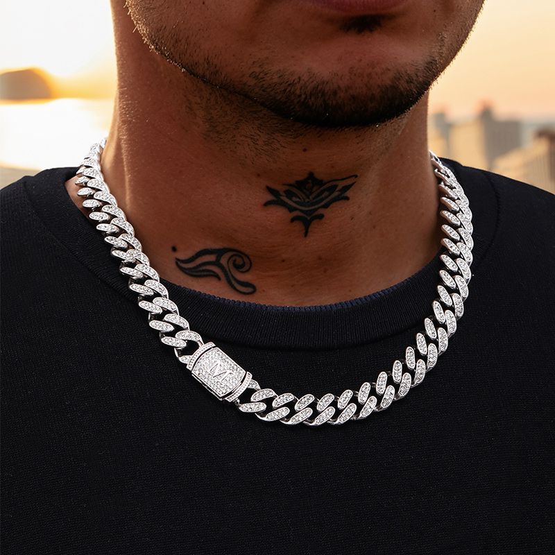 Helloice 12mm 20" Initial Letter Iced Miami Cuban Chain in White Gold