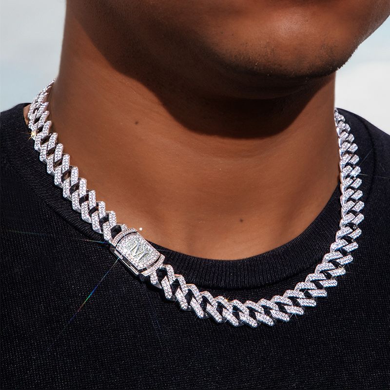 Helloice 12mm 20" Initial Letter Iced Prong Cuban Chain in White Gold