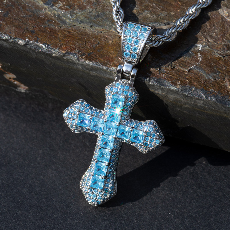 Helloice Iced Blue/Red Princess Cut Cross Pendant in White Gold