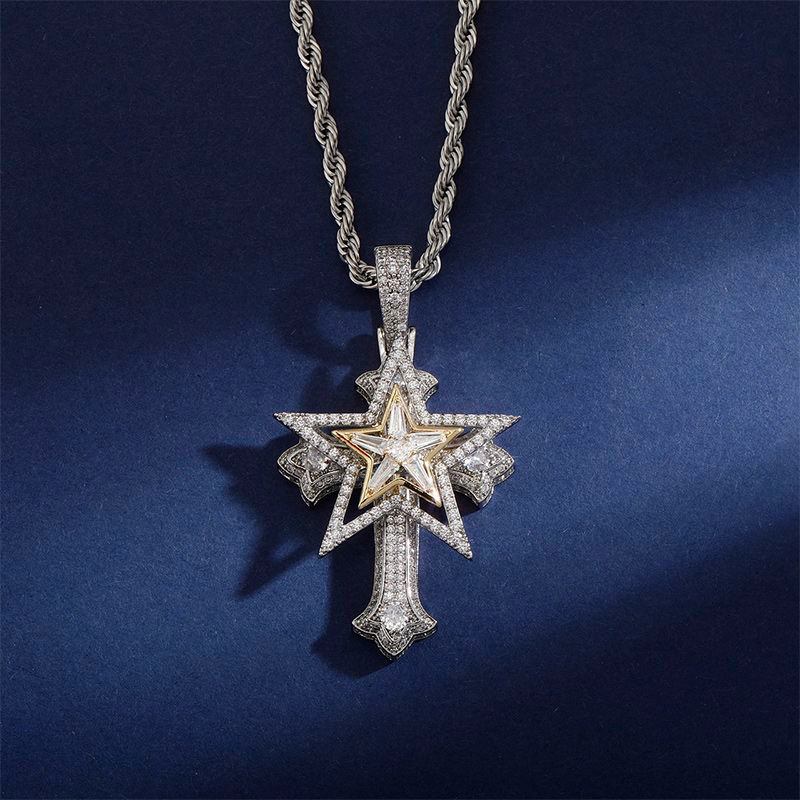 Helloice Iced Rotatable Five-pointed Star Cross Pendant