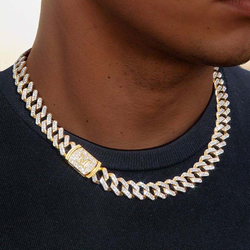 Helloice 12mm 20" Initial Letter Iced Prong Cuban Chain in Gold