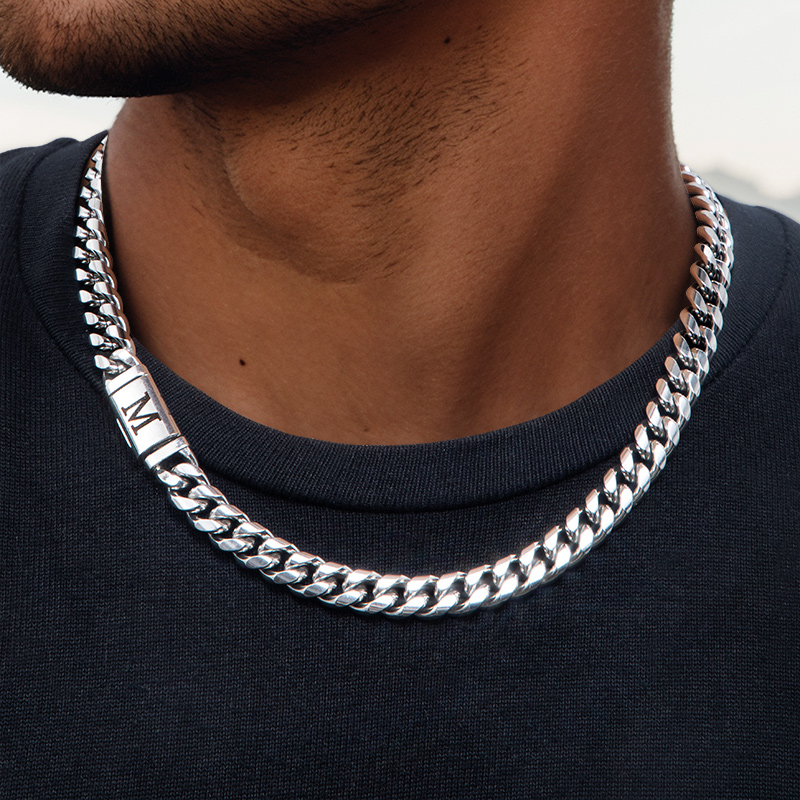 Helloice 10mm 20" Miami Initial Letter Stainless Steel Cuban Link Chain