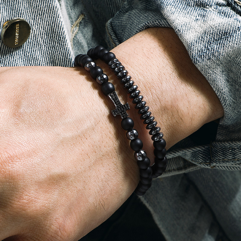 Helloice 2Pcs Black Frosted & Copper Beads Cross Bracelet