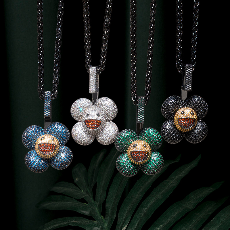 Helloice Micro Pave Smiley Sunflower Rotate Pendant in White Gold