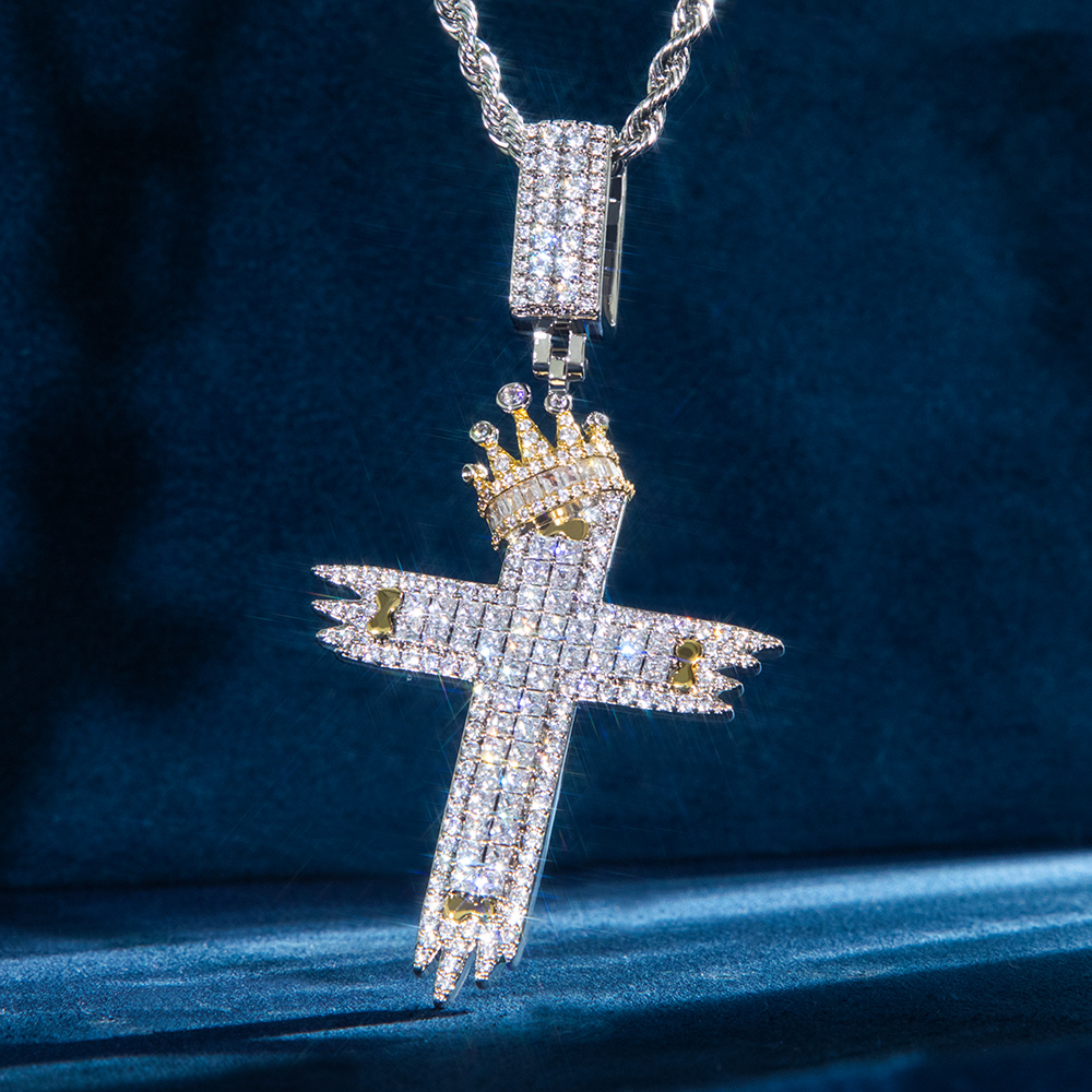 Helloice Two-Tone Baguette Diamond Cross with Crown Pendant
