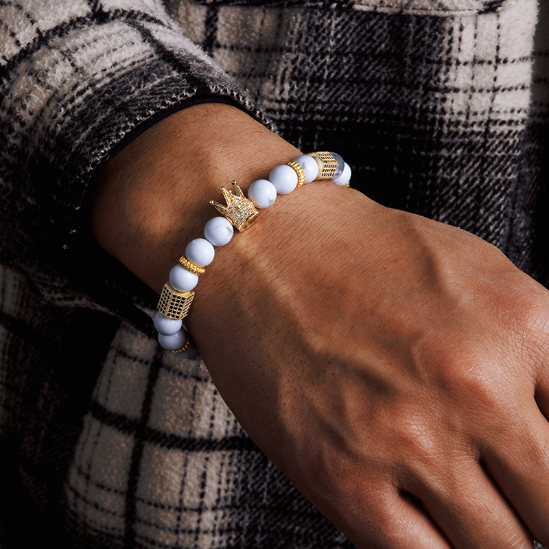 Helloice White/Blue Turquoise Beads with Iced Crown Bracelet