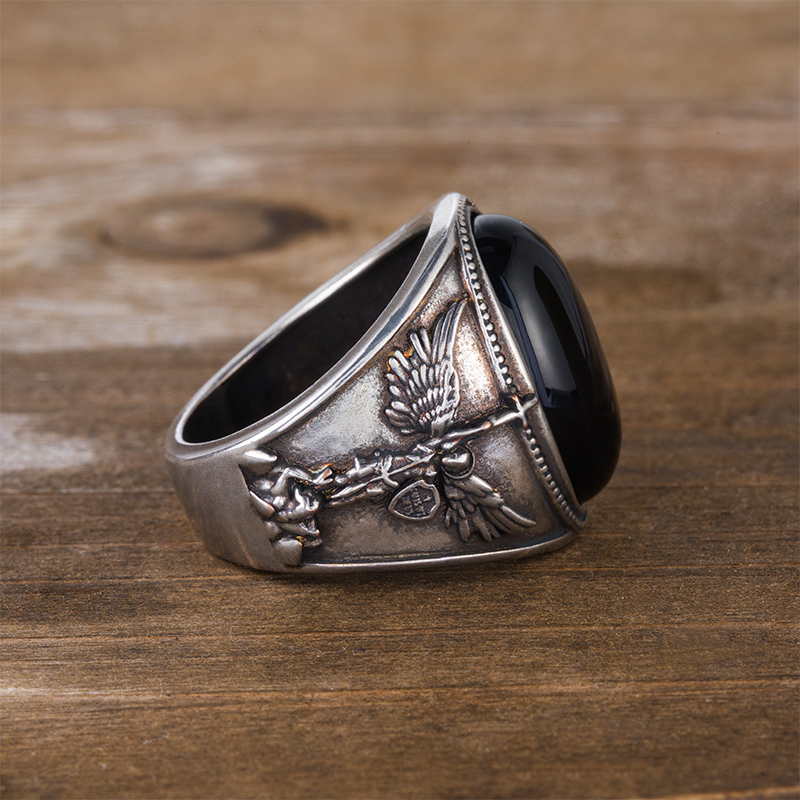 Helloice  Archangel Saint Michael Men's Oval Natural Stones Signet Ring