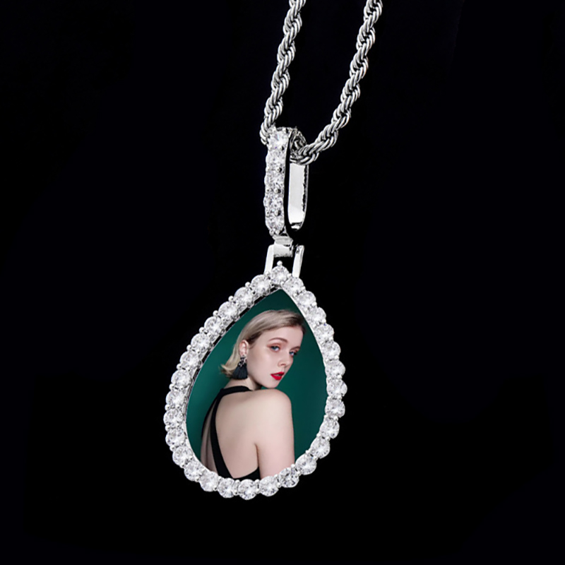 Helloice Iced Custom Drip Shaped Photo Pendant in White Gold