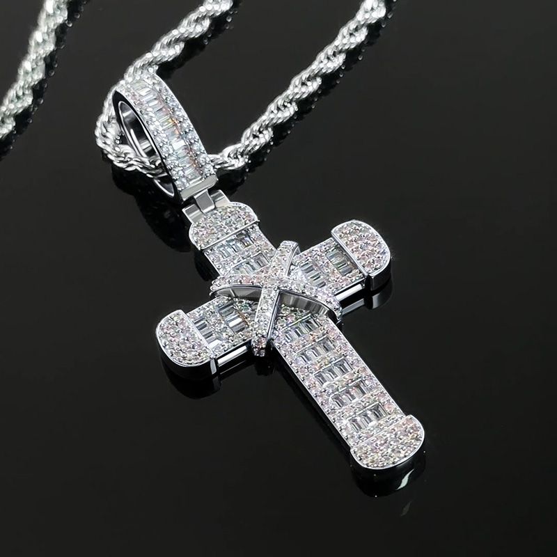 Helloice Micro Pave Baguette Cut Cross Pendant in White Gold