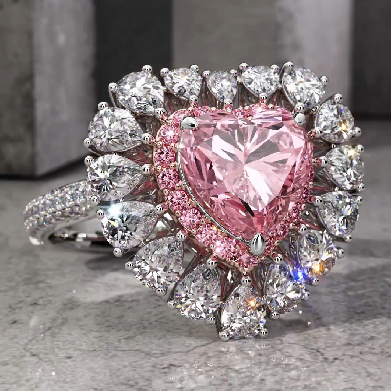 Helloice Pink Sweet Heart Cut & Pear Cut Engagement Ring In Sterling Silver