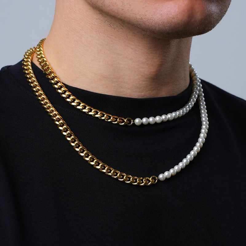 Helloice Half Pearl and Steel Cuban Chain Necklace